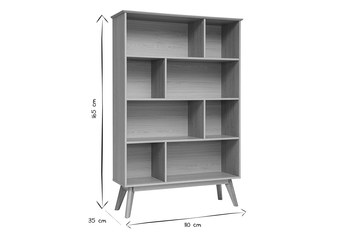 Dimensions de la biblioth�que scandinave en bois clair, 8 casiers, L110xP35xH165 cm, en noir et blanc.