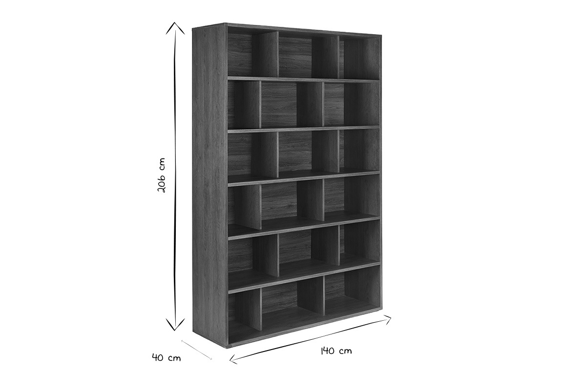 Biblioth�que scandinave en noir et blanc avec dimensions L140 x P40 x H206 cm, vue de 3/4.