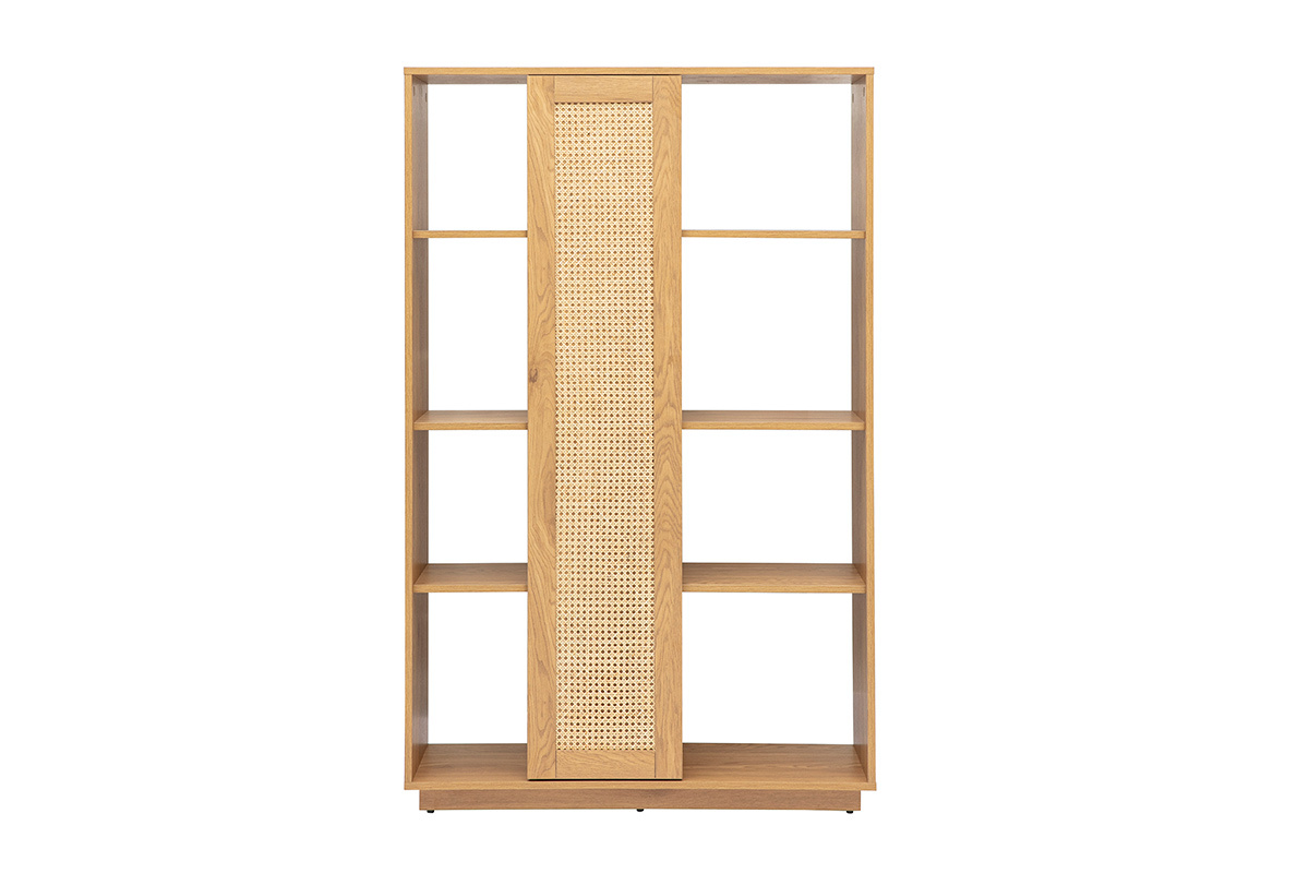 Bibliothque sparatrice en bois clair avec porte en cannage rotin, vue de face.