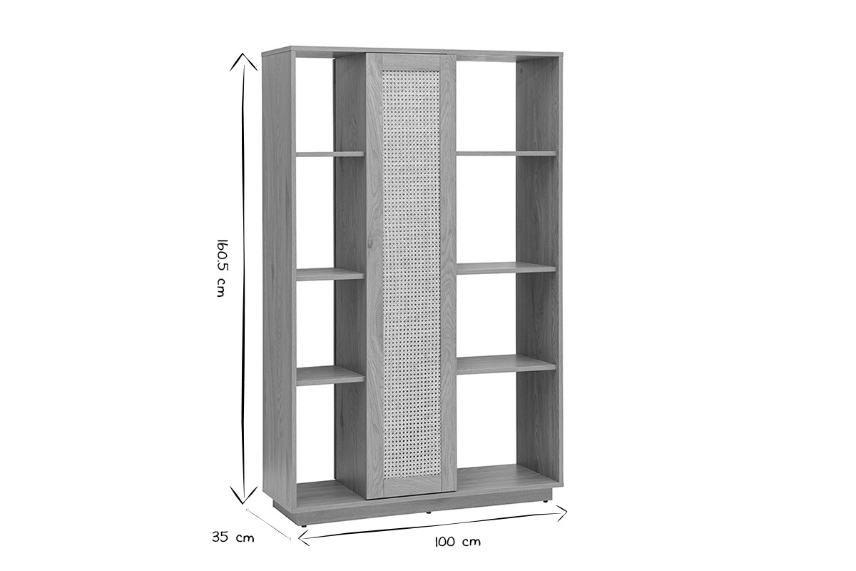 Dimensions de la bibliothque ALICANTE en noir et blanc, vue de 3/4.
