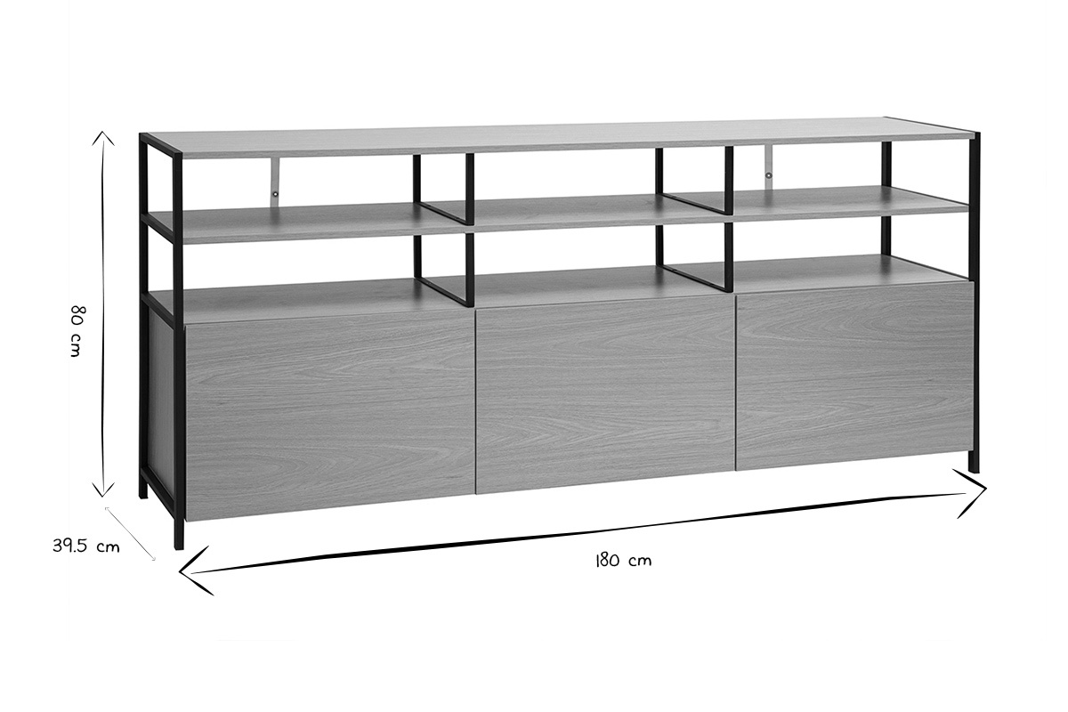 Vue de face du buffet bas MAXENCE avec dimensions 180x39,5x80 cm en noir et blanc.