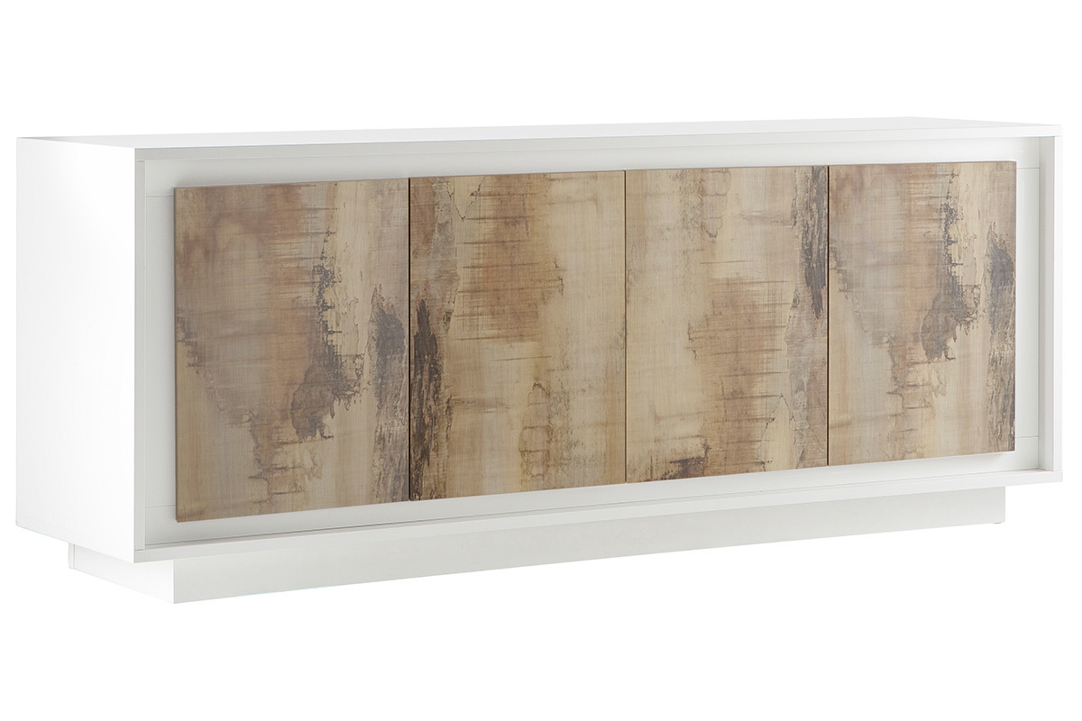 Buffet 4 portes design blanc et dcor bois clair LAND