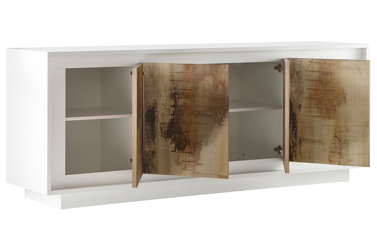 Buffet 4 portes design blanc et dcor bois clair LAND