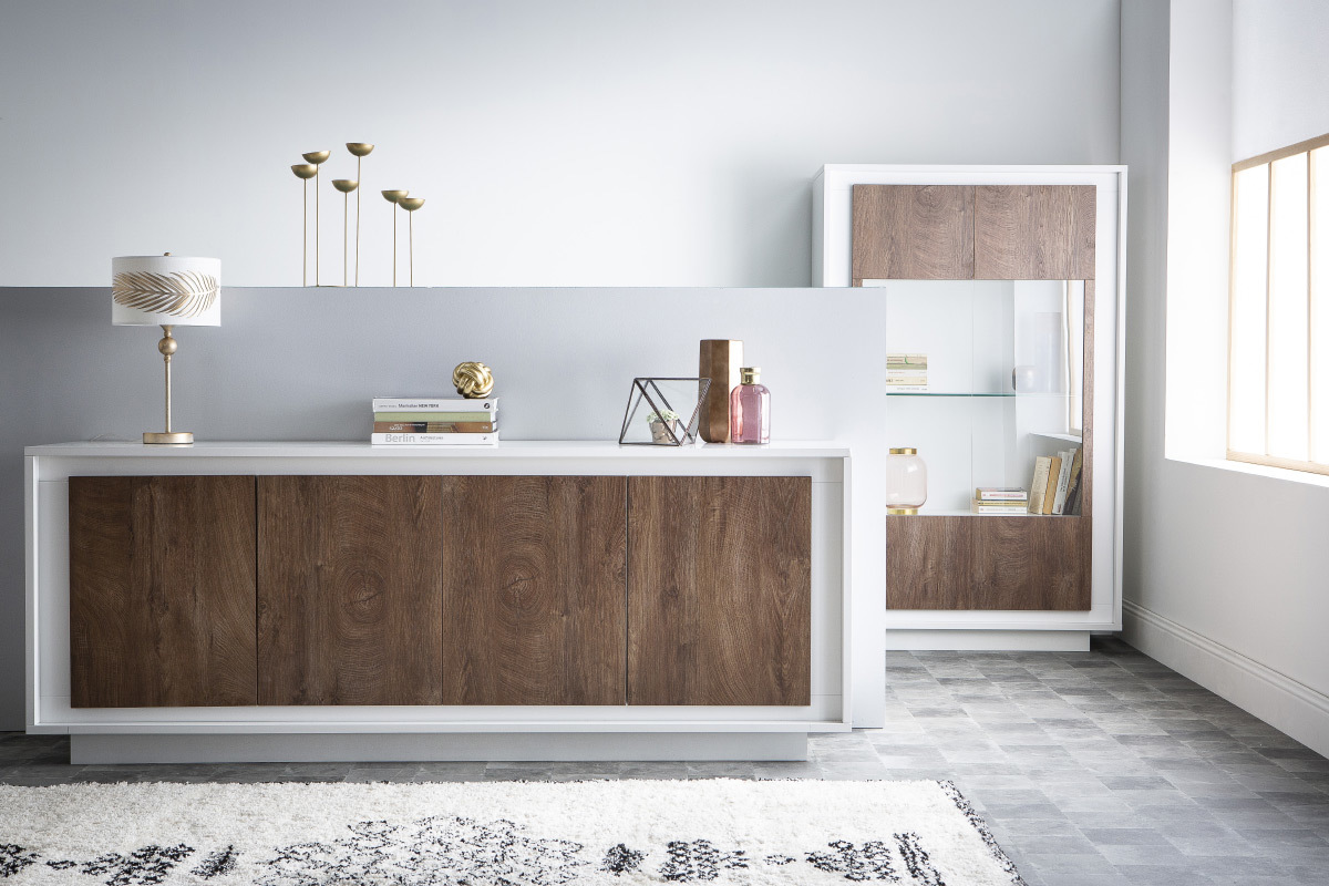 Buffet 4 portes design blanc et dcor bois clair LAND