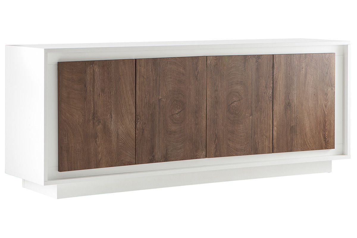 Buffet 4 portes design blanc et dcor bois fonc LAND