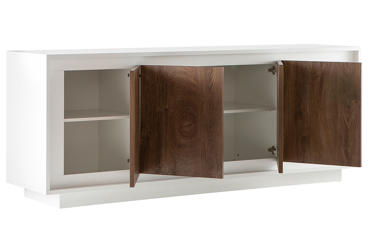 Buffet 4 portes design blanc et dcor bois fonc LAND