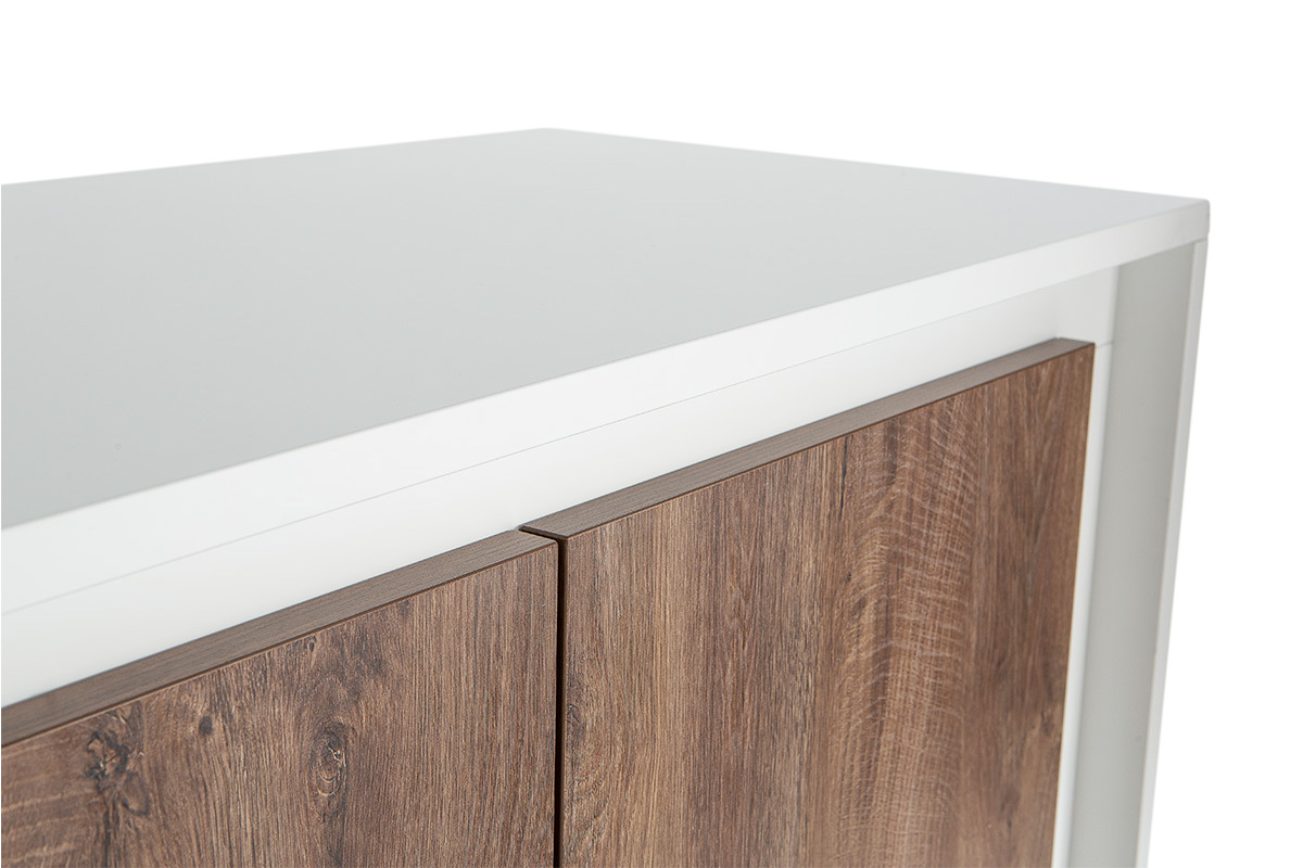 Buffet 4 portes design blanc et dcor bois fonc LAND