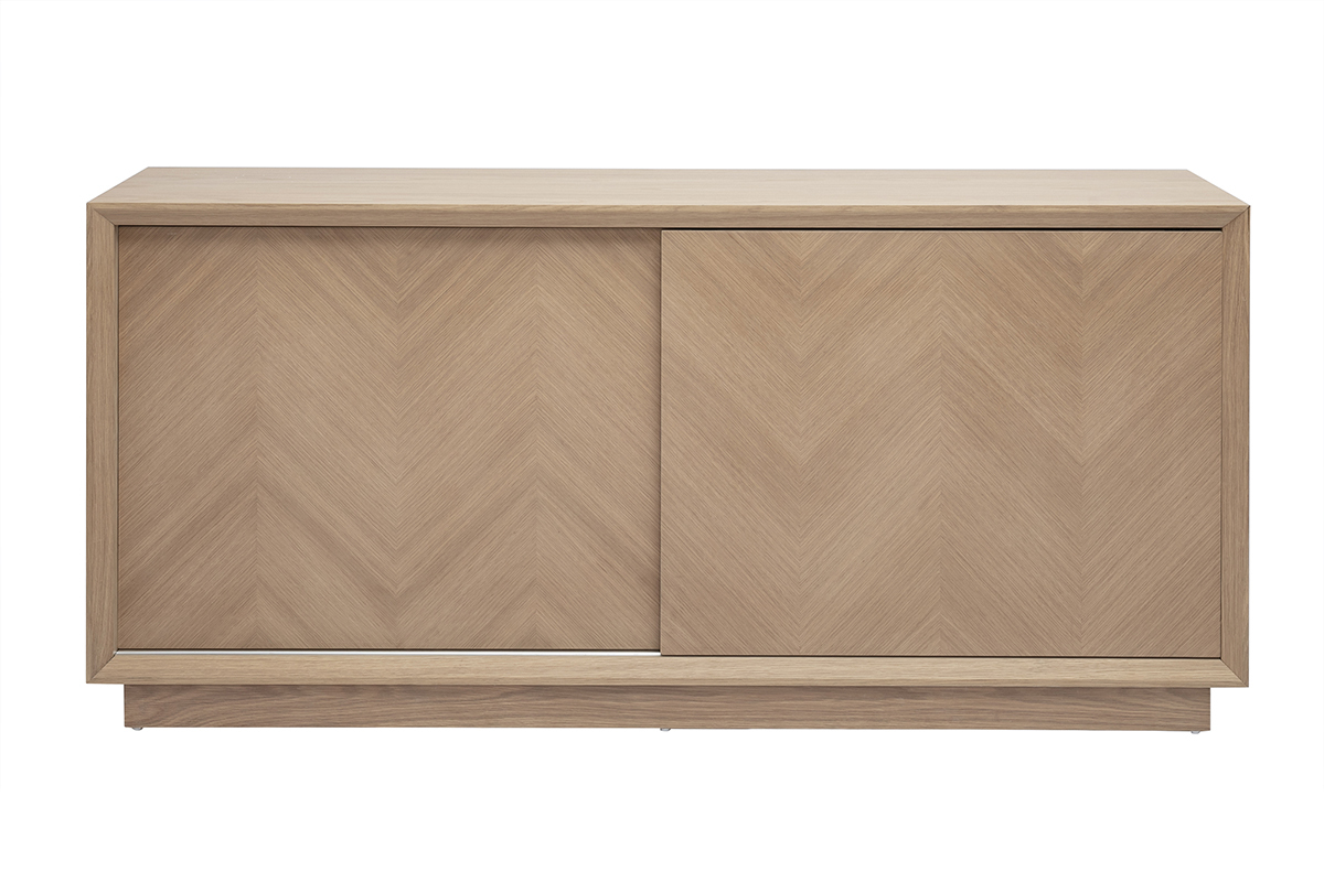 Buffet ARROW en bois clair chne avec motifs chevrons, dimensions 160x39x74,5 cm, deux portes coulissantes.