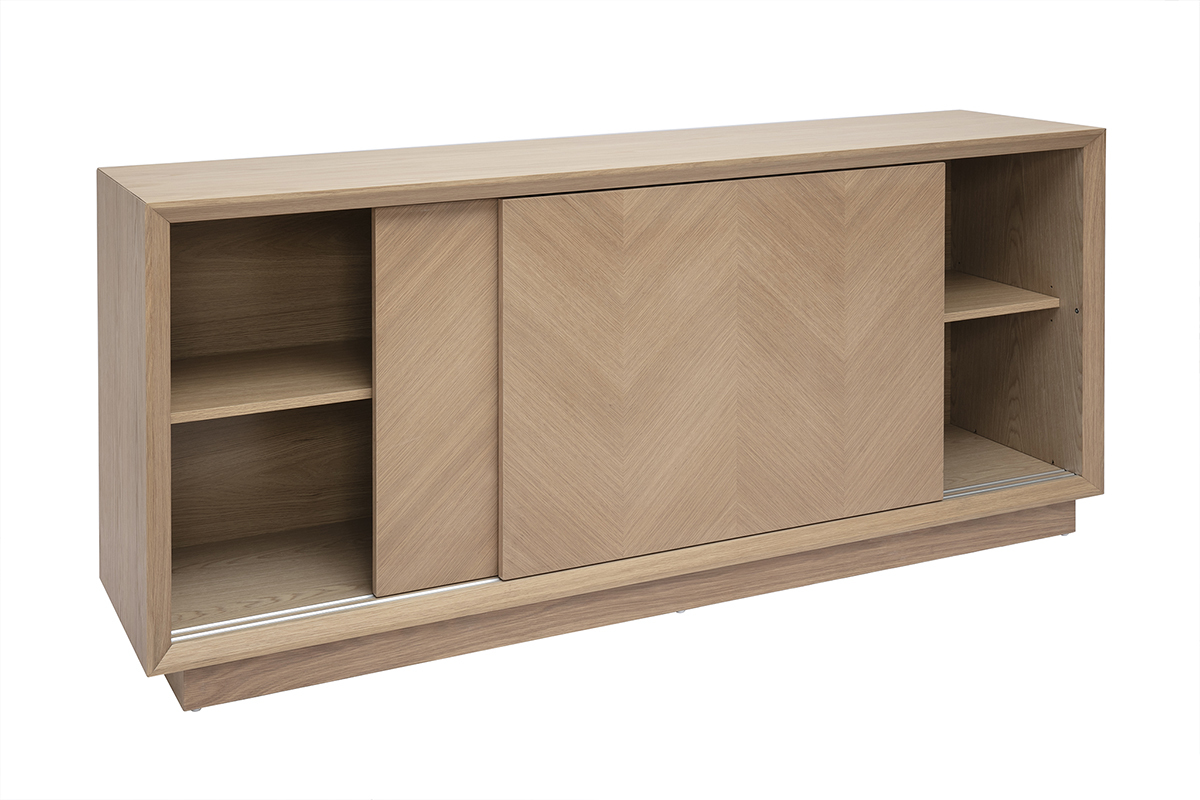 Buffet en bois clair avec motifs chevrons et portes coulissantes, modle ARROW, L160 cm