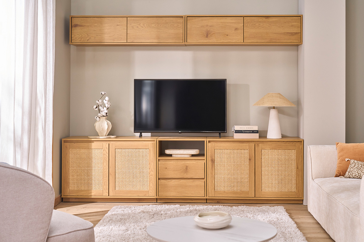 Buffet bas finition bois clair ch�ne et cannage rotin L96 cm SEVILLE