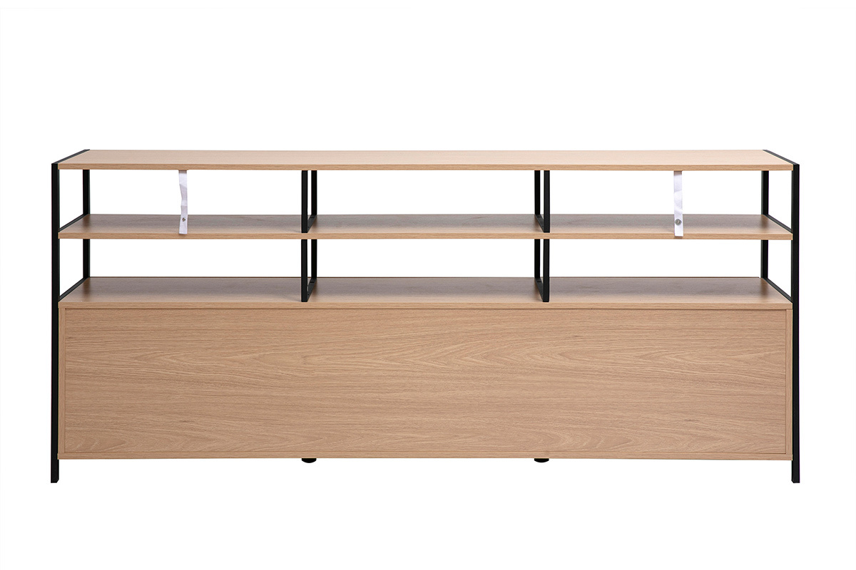 Buffet bas MAXENCE en bois clair et mtal noir, vue de face avec tagres ouvertes.