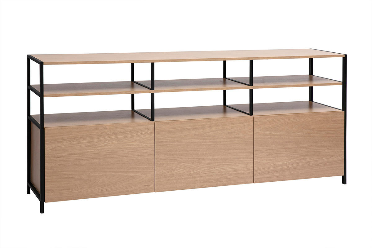 Buffet bas en bois clair et mtal noir, vue de profil avec tagres ouvertes et trois compartiments ferms.