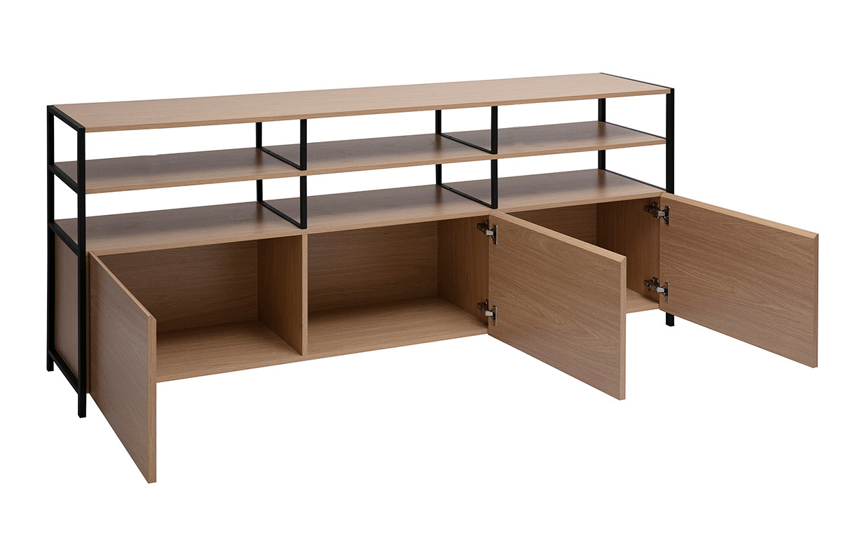 Buffet bas en bois clair chne et mtal noir, 3 portes ouvertes, tagres ouvertes, vue de face.