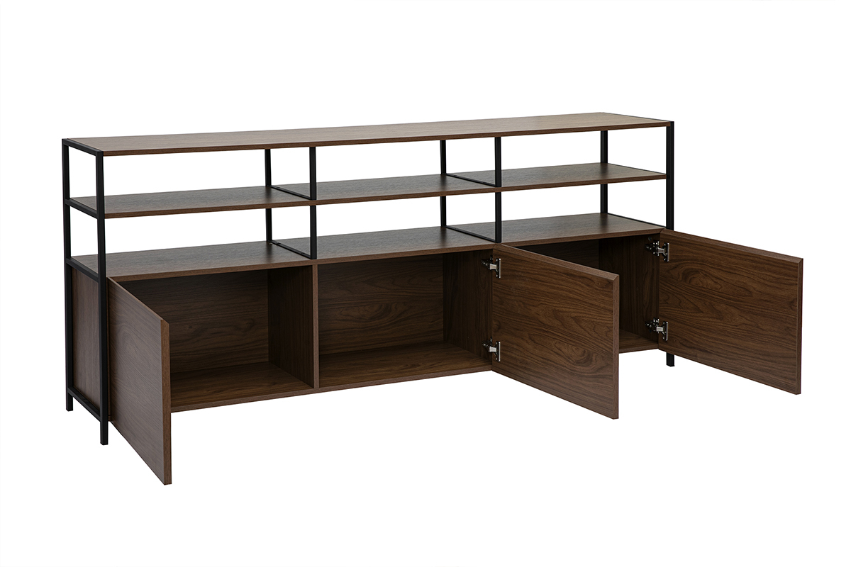 Buffet bas en bois fonc� et m�tal noir, portes ouvertes, �tag�res visibles.