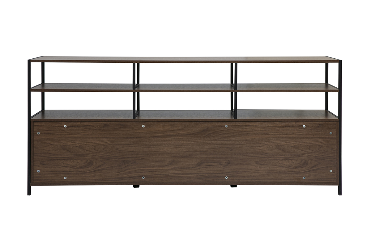 Buffet bas couleur bois fonc� noyer et m�tal noir avec trois �tag�res ouvertes, vue de dos.