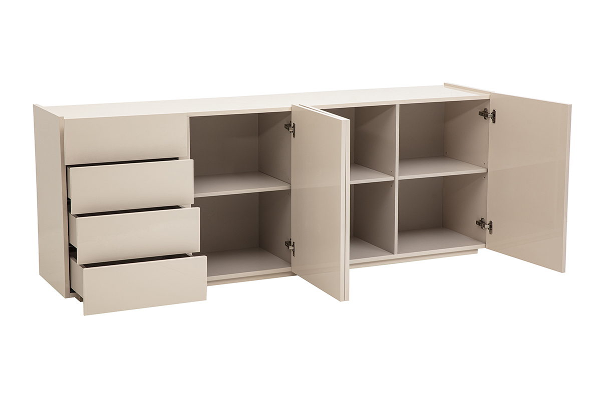 Buffet beige brillant avec 3 portes ouvertes et 4 tiroirs visibles.