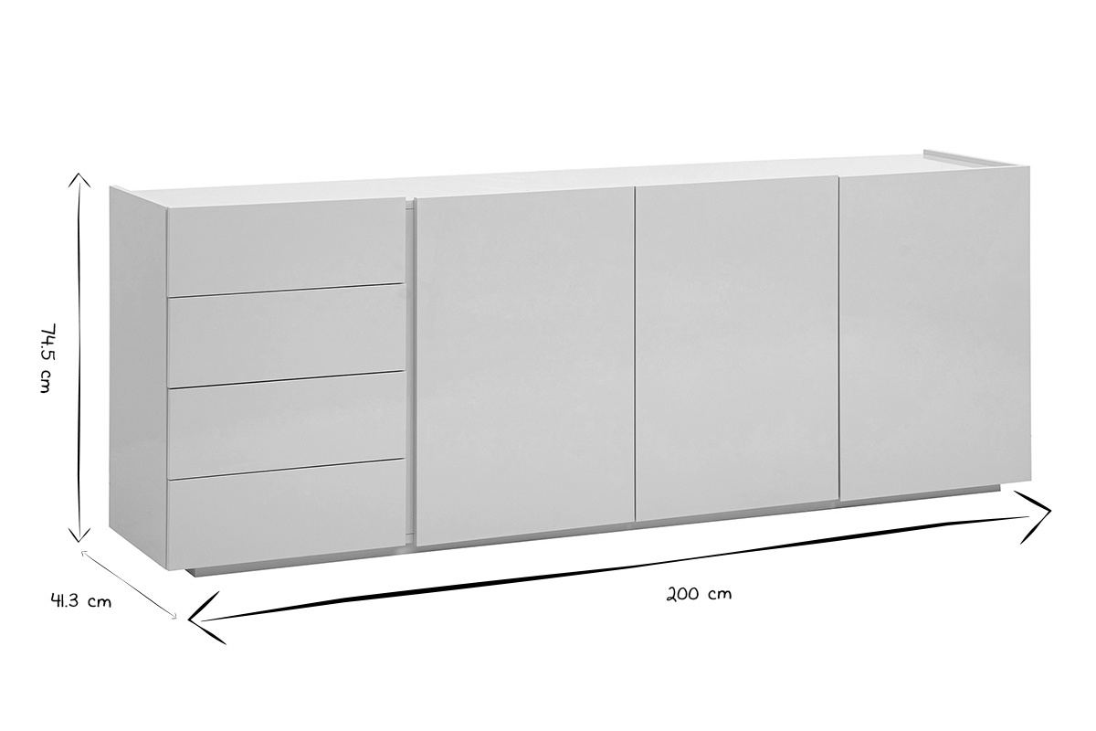 Buffet 3 portes, 4 tiroirs, dimensions L200 x P41,3 x H74,5 cm, en noir et blanc.