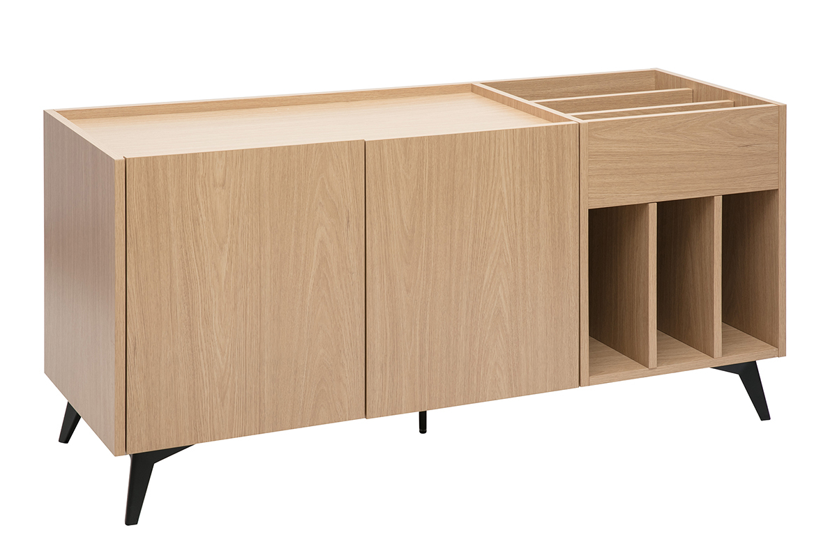 Buffet SEDA en bois clair finition ch�ne et m�tal noir, 140 cm, avec rangement vinyles.