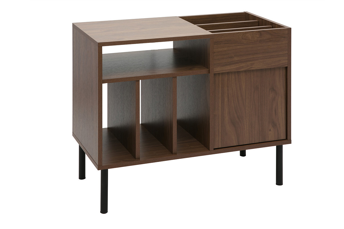 Buffet de rangement vinyles en bois fonc� avec pieds en m�tal noir, style moderne industriel.