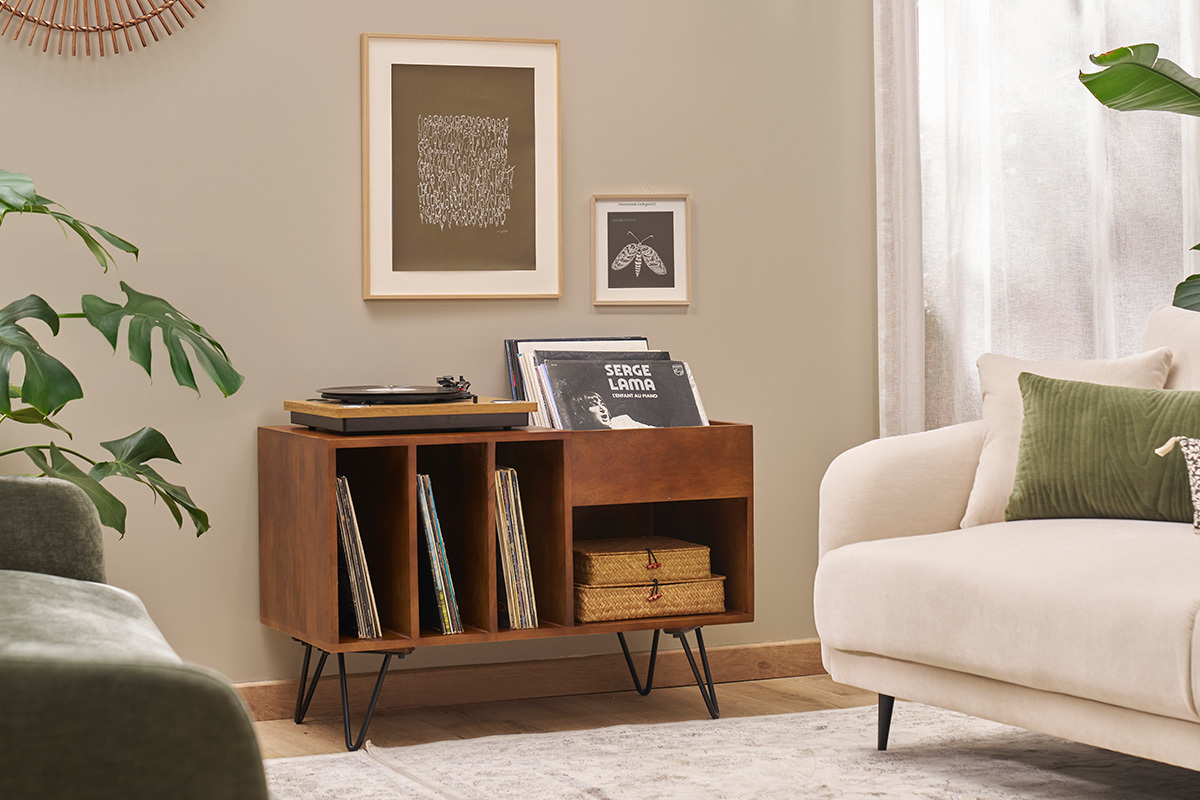 Buffet de rangement vinyles en bois manguier massif teint et mtal L90 cm BOOGIE