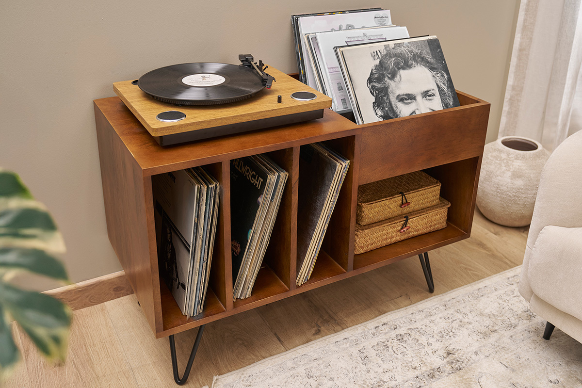 Buffet de rangement vinyles en bois manguier massif teint et mtal L90 cm BOOGIE