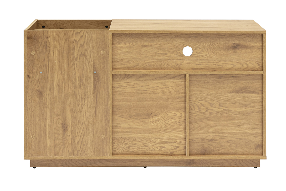 Buffet de rangement en bois clair chne avec panneaux cannage rotin, vue de dos.