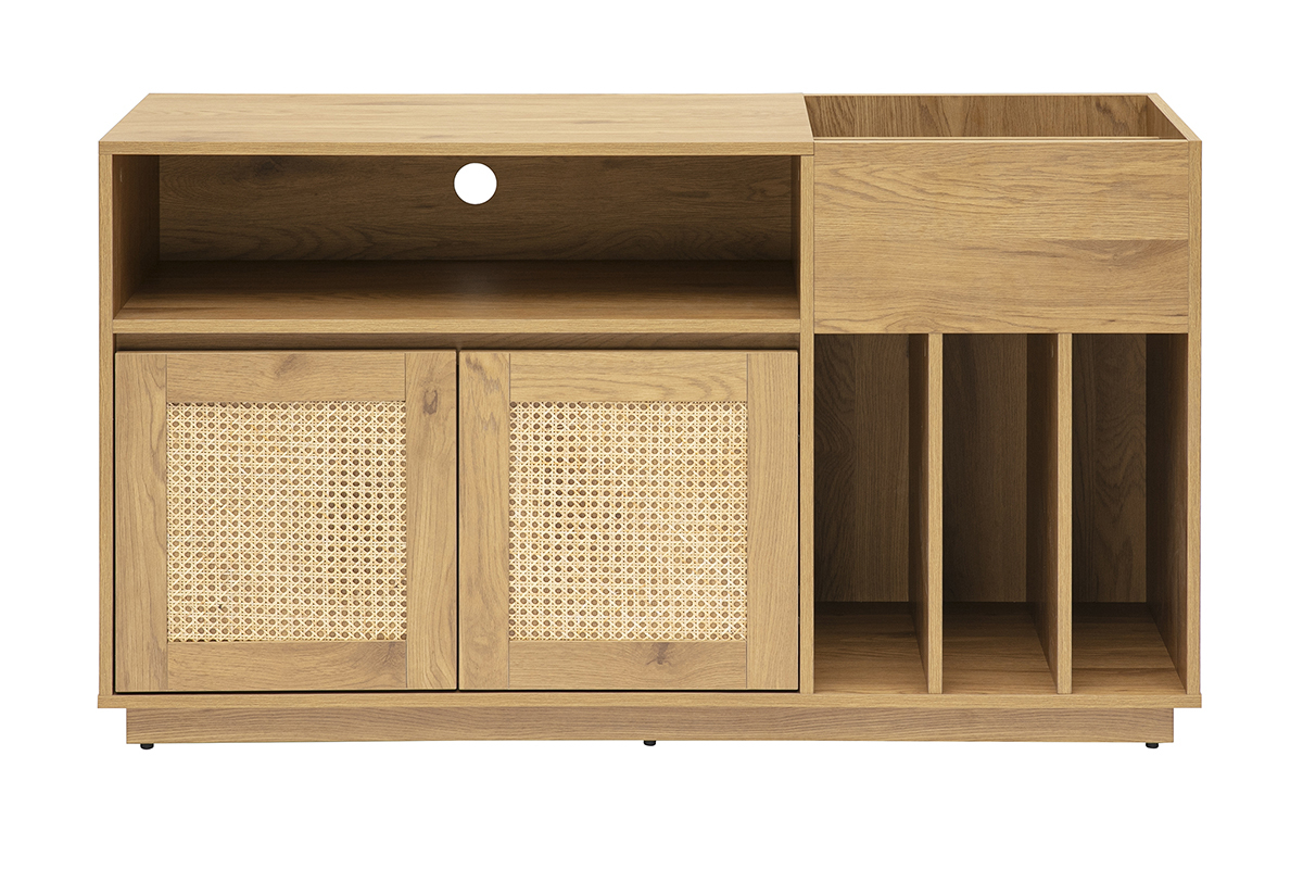 Buffet de rangement en bois clair, portes cannage rotin, compartiments vinyles visibles, vue de face.
