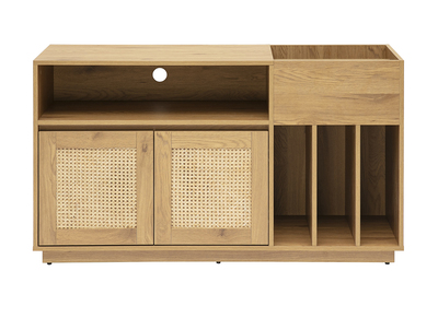 Buffet de rangement vinyles finition bois clair chêne et cannage rotin L130 cm ALICANTE