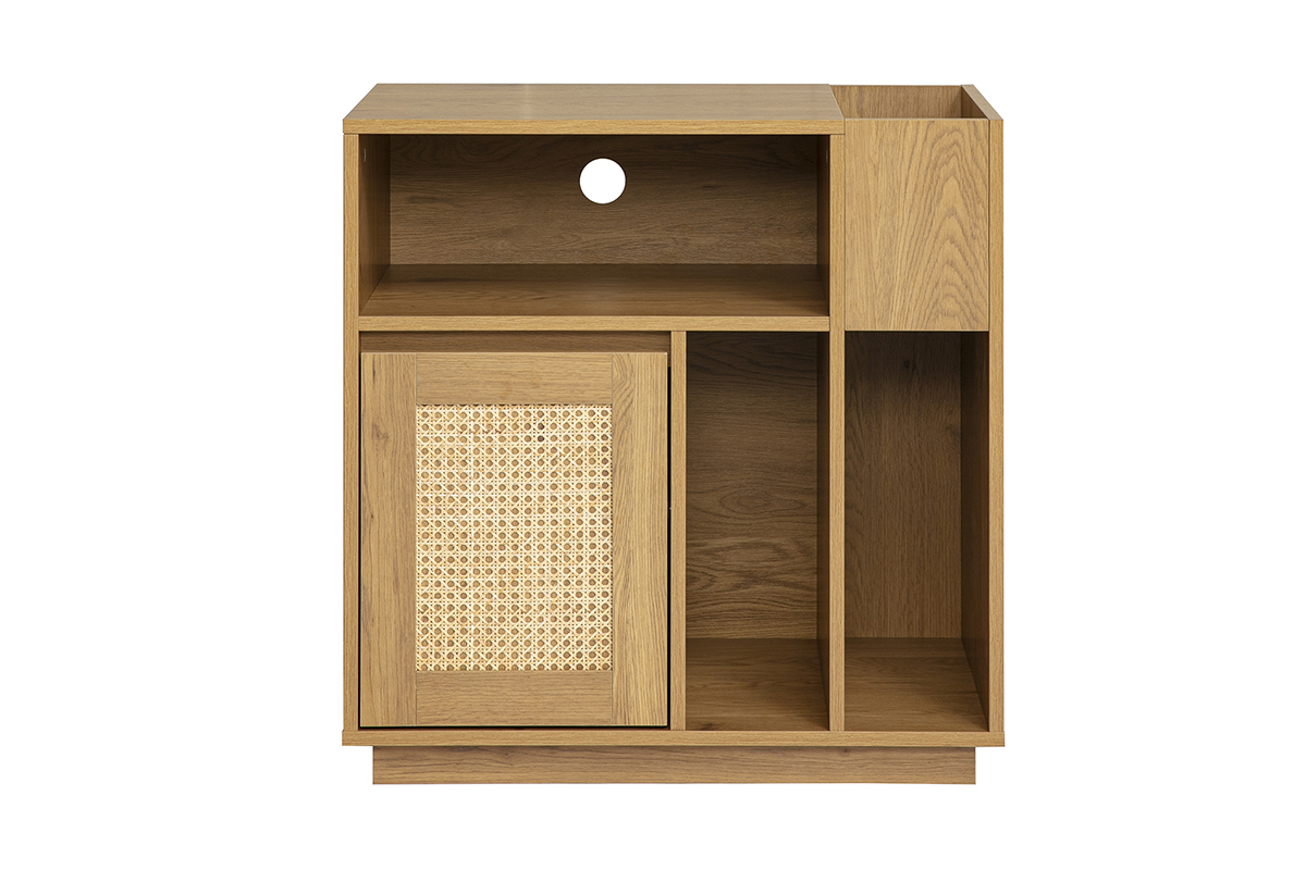 Buffet de rangement vinyles finition bois clair ch�ne et cannage rotin L72 cm ALICANTE