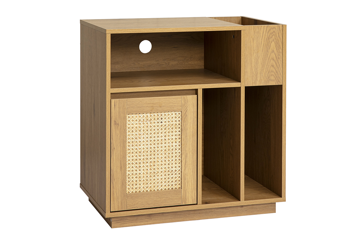 Buffet de rangement vinyles finition bois clair ch�ne et cannage rotin L72 cm ALICANTE