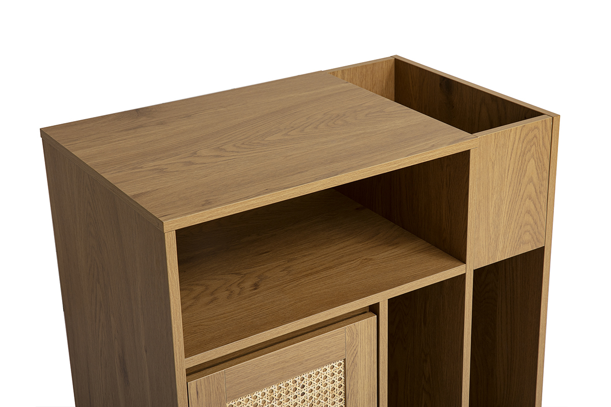 Buffet de rangement vinyles finition bois clair ch�ne et cannage rotin L72 cm ALICANTE