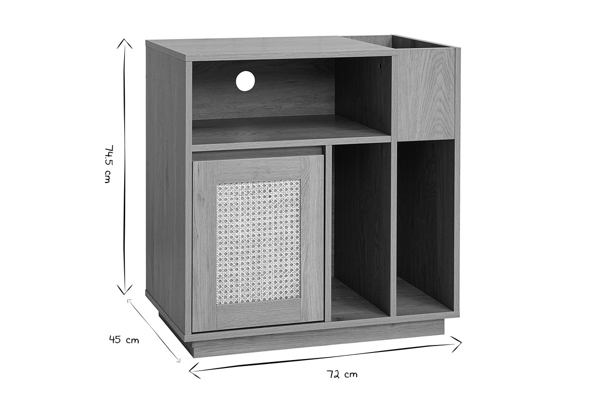 Buffet de rangement vinyles finition bois clair ch�ne et cannage rotin L72 cm ALICANTE
