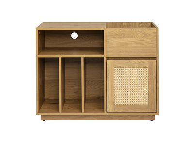 Buffet de rangement vinyles finition bois clair ch&ecirc;ne et cannage rotin L95 cm ALICANTE