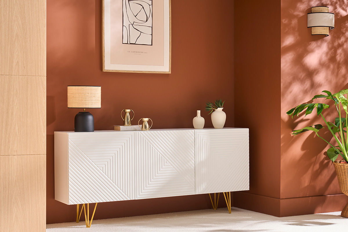 Buffet design blanc et mtal dor 3 portes L160 cm OZEN