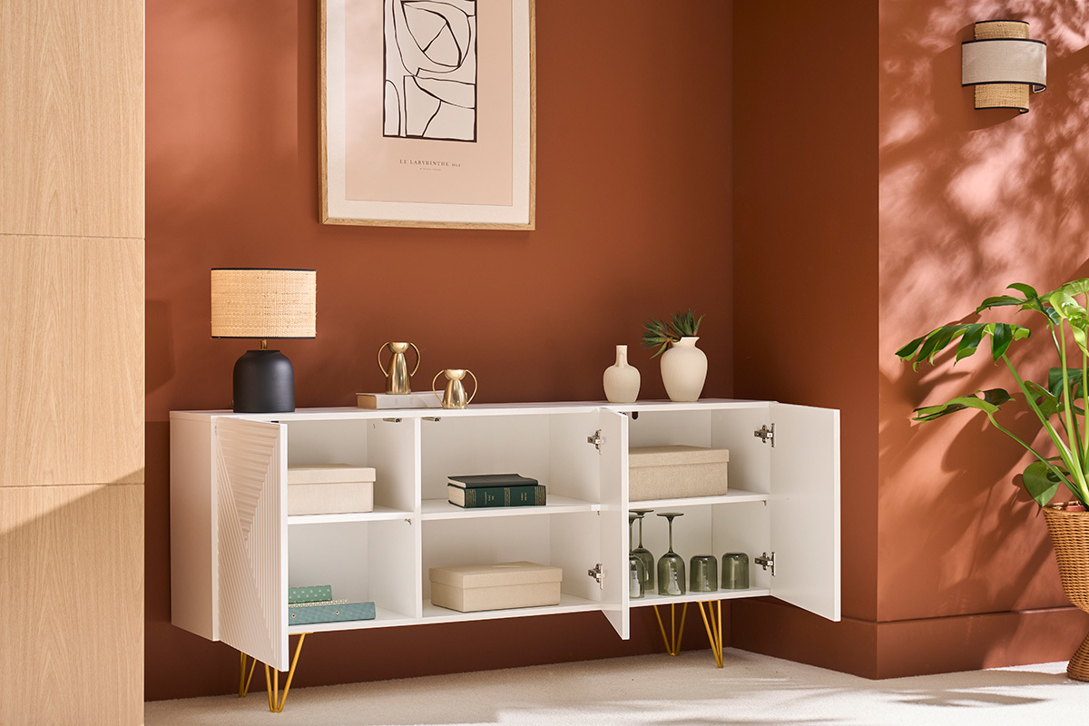 Buffet design blanc et mtal dor 3 portes L160 cm OZEN