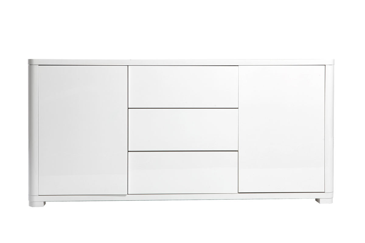 Buffet design blanc laqu� brillant 2 portes 3 tiroirs L140 cm PAX