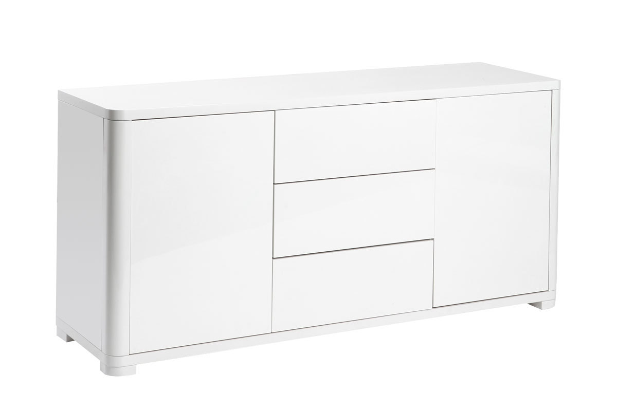 Buffet design blanc laqu� brillant 2 portes 3 tiroirs L140 cm PAX