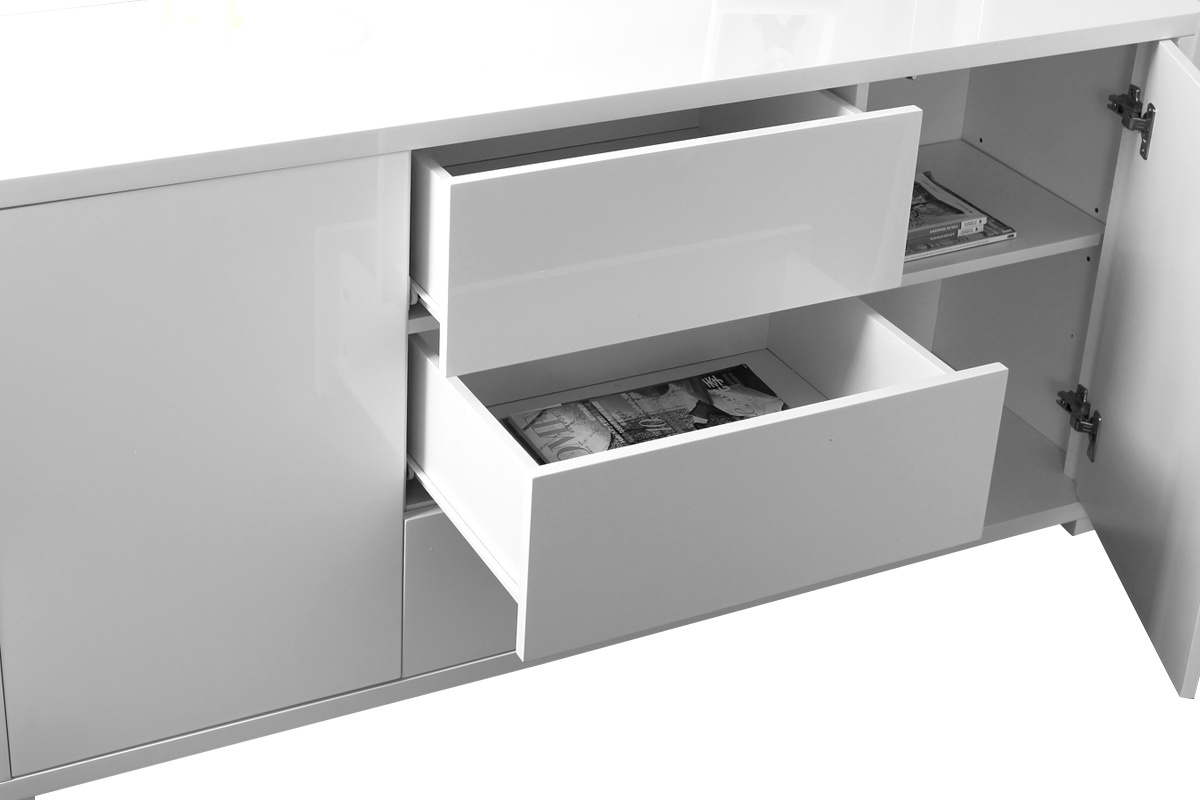 Buffet design blanc laqu� brillant 2 portes 3 tiroirs L140 cm PAX