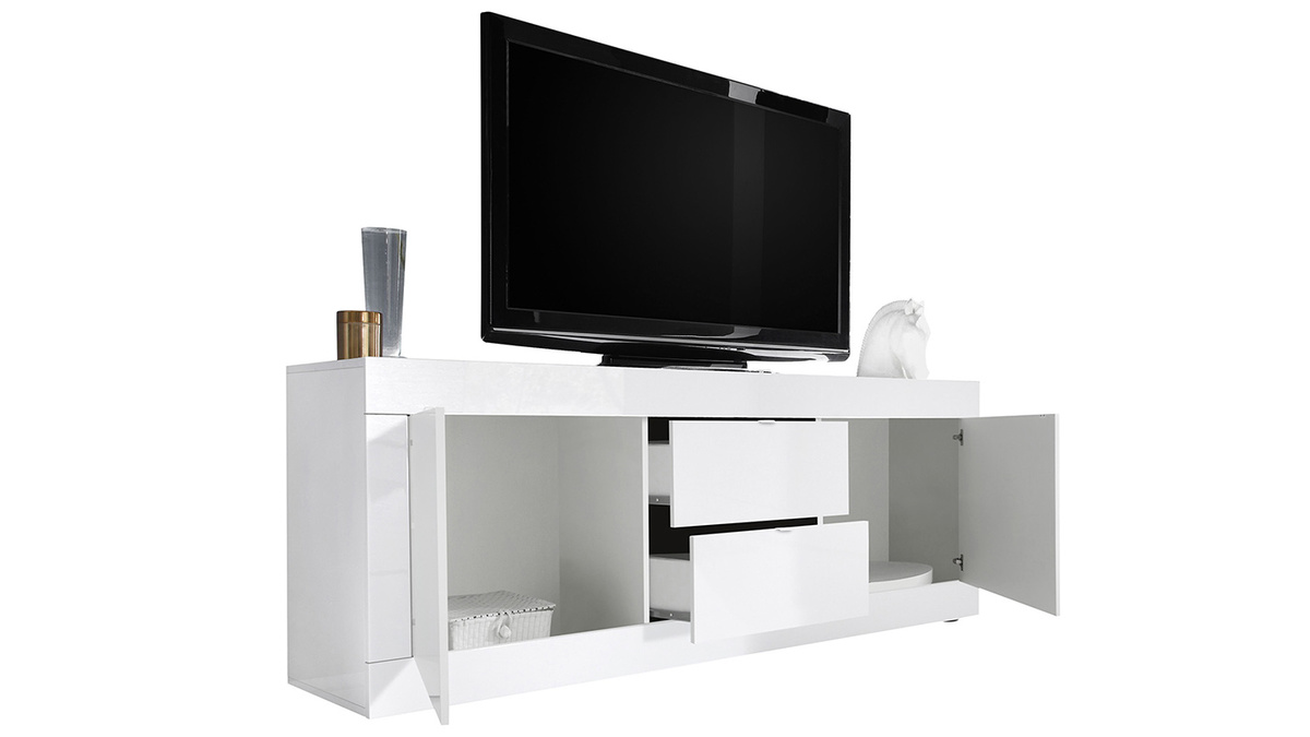 Buffet Design NELIO Blanc Laqué Et Bois Clair – 3 Portes, L155 X P40 X H86.5 Cm, Rangement Spacieux, Style Scandinave