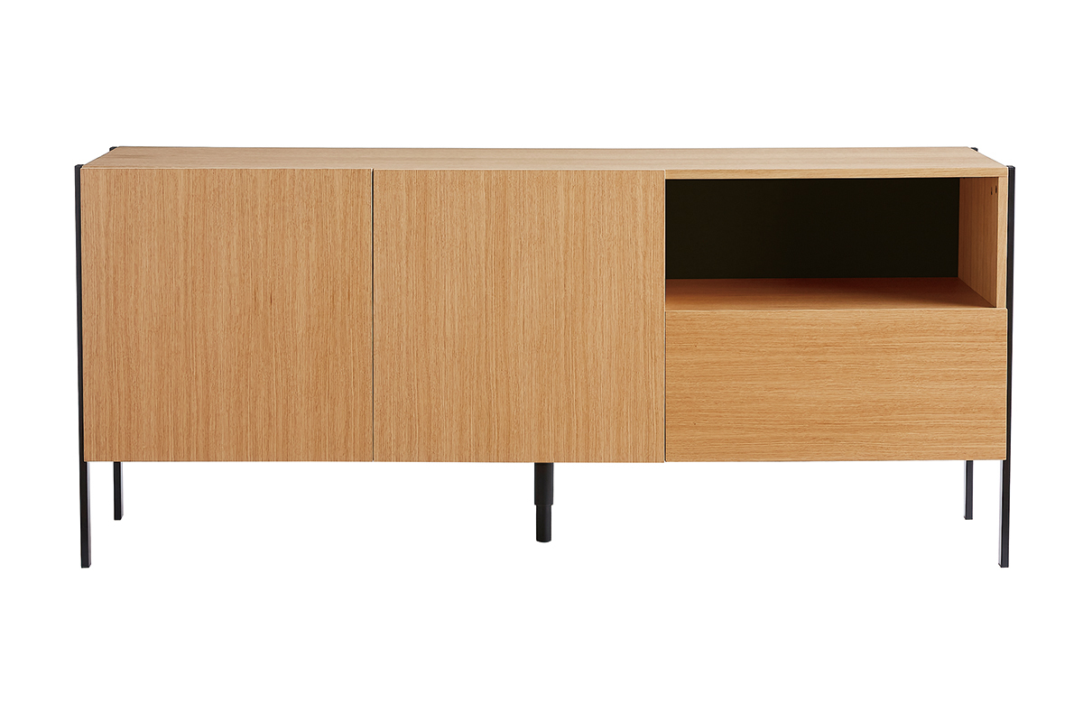 Buffet design en bois clair ch�ne et m�tal noir 2 portes 1 tiroir L175 cm HEDA