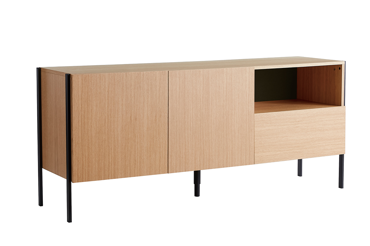 Buffet design en bois clair ch�ne et m�tal noir 2 portes 1 tiroir L175 cm HEDA