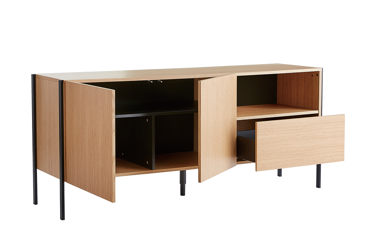 Buffet design en bois clair ch�ne et m�tal noir 2 portes 1 tiroir L175 cm HEDA