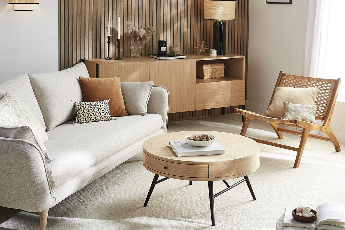 Buffet design en bois clair ch�ne et m�tal noir 2 portes 1 tiroir L175 cm HEDA