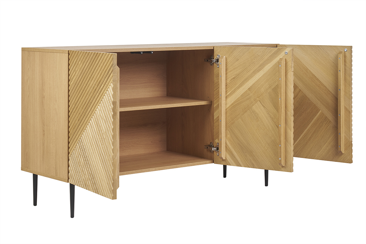 Buffet design en bois clair chne massif grav et mtal noir 3 portes L135 cm ARCHIPEL