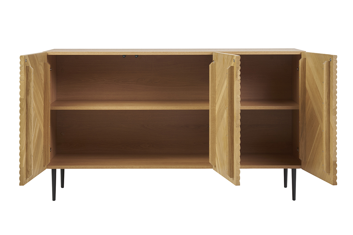 Buffet design en bois clair chne massif grav et mtal noir 3 portes L135 cm ARCHIPEL