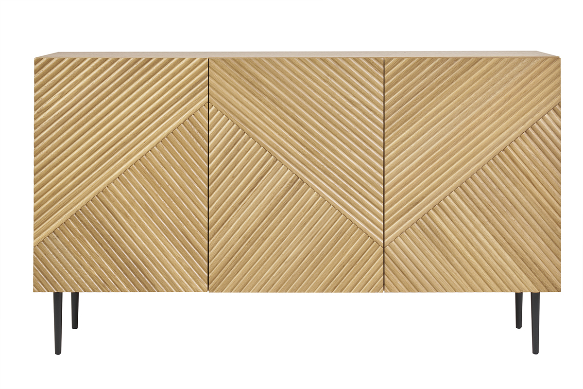 Buffet design en bois clair chne massif grav et mtal noir 3 portes L135 cm ARCHIPEL
