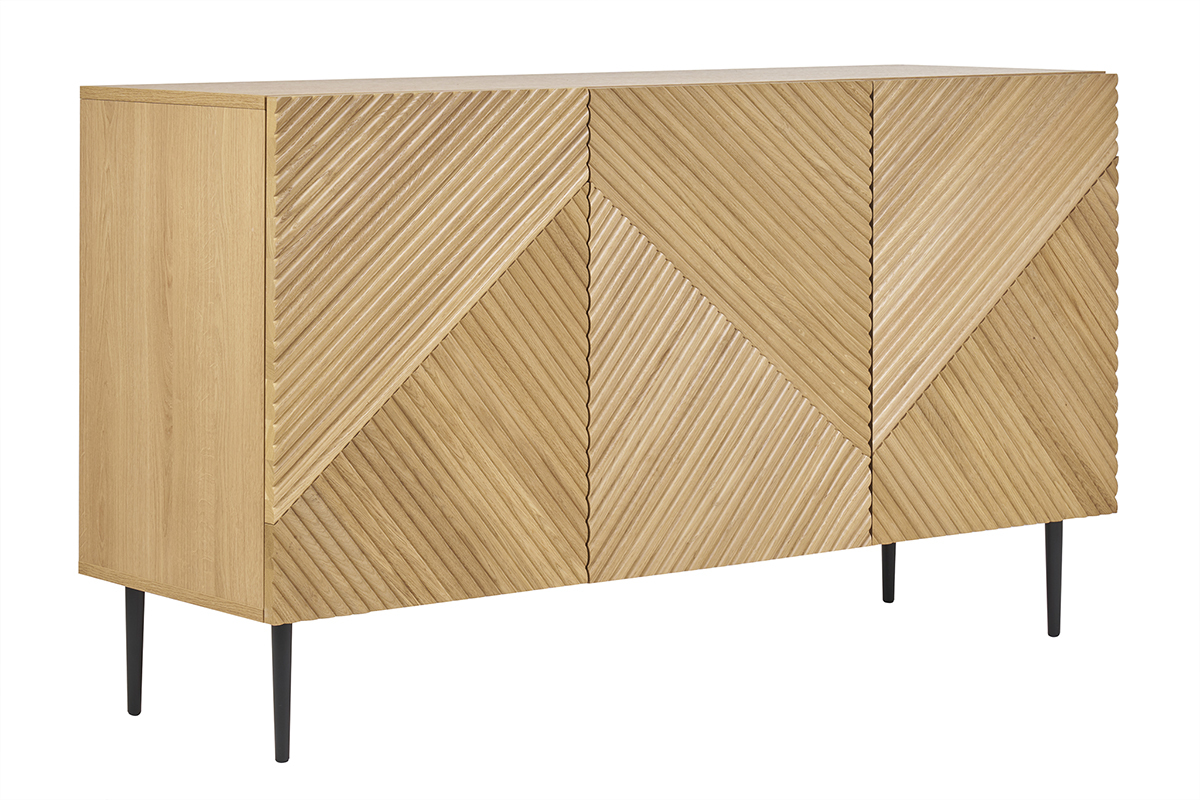 Buffet design en bois clair chne massif grav et mtal noir 3 portes L135 cm ARCHIPEL