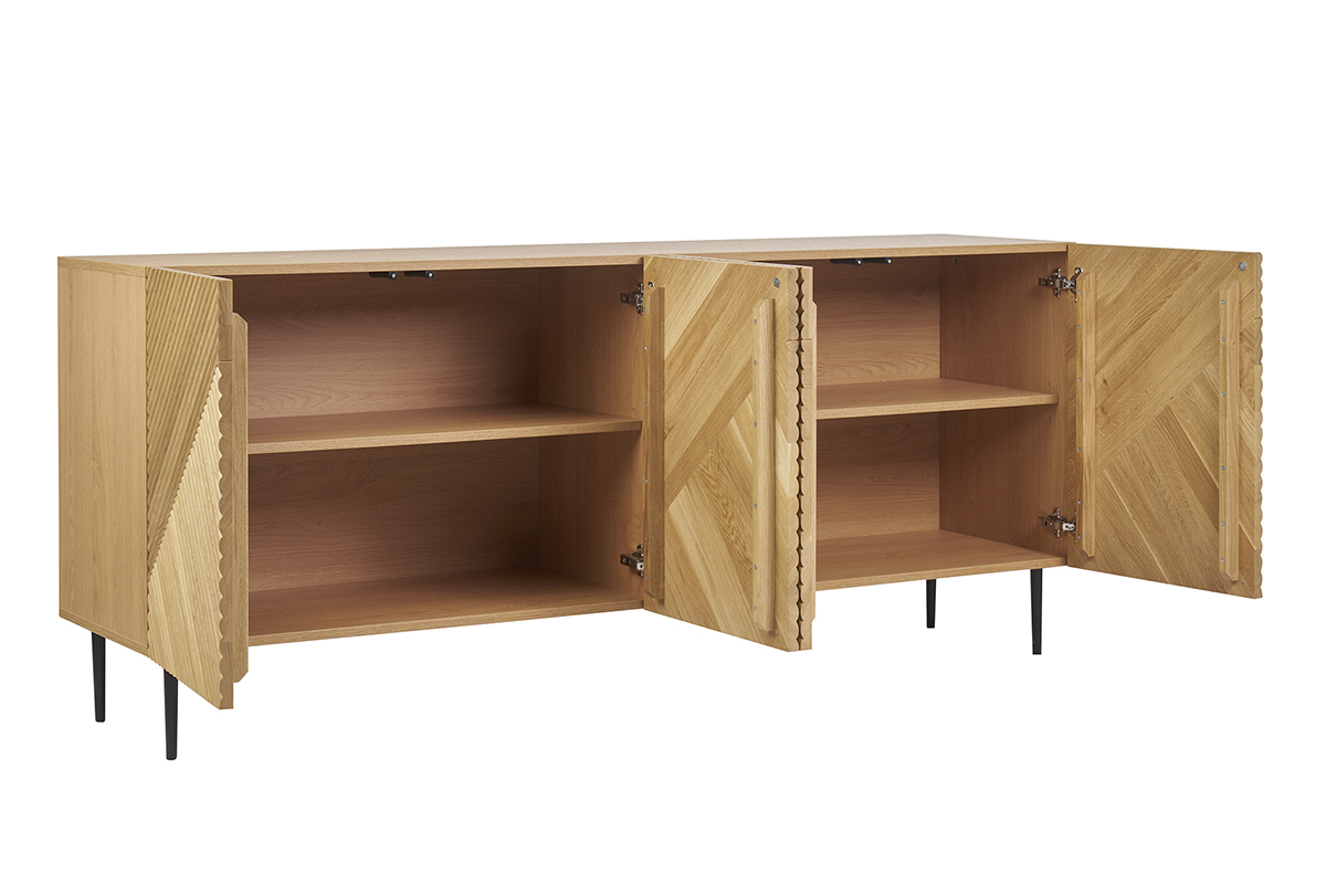 Buffet design en bois clair chne massif grav et mtal noir 4 portes L180 cm ARCHIPEL