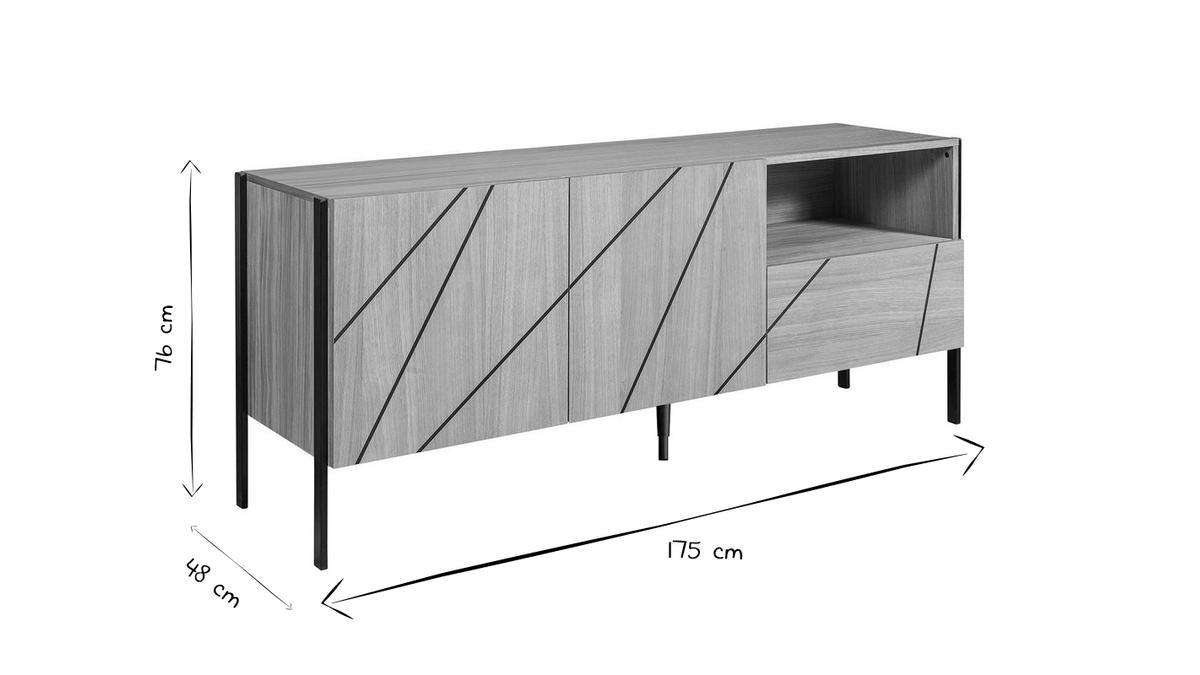 Buffet design en bois clair motif gravé et métal noir 2 portes 1 tiroir L175 cm ICODE