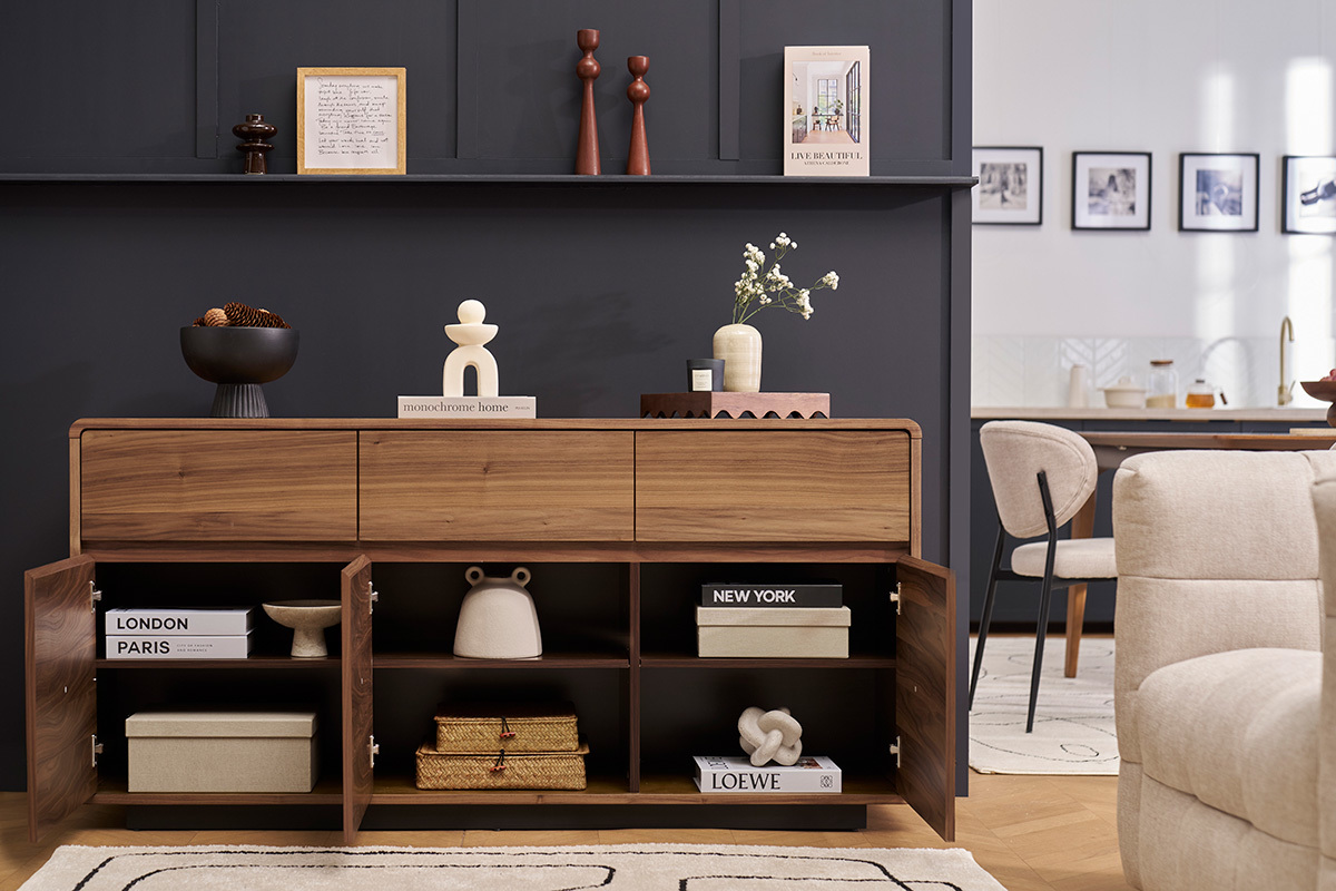 Buffet design en bois fonc noyer 3 portes 3 tiroirs L160 cm JAKO